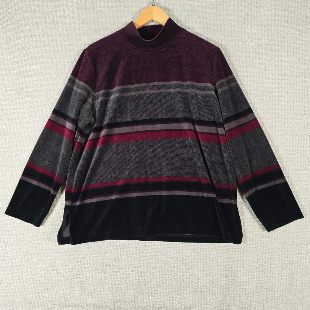 Crazy Horse Liz Claiborne Womens Petite XL Velour Mock Neck Striped Top Burgundy